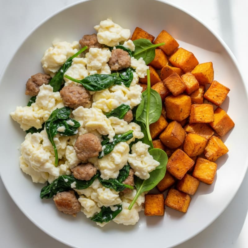 Egg White and Turkey Sausage Scramble with Spinach and Roasted Sweet Potato