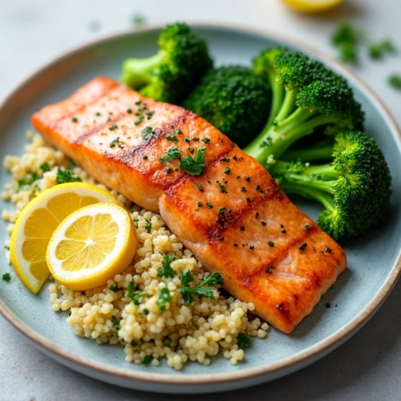 Seared Salmon with Steamed Broccoli and Lemon Quinoa