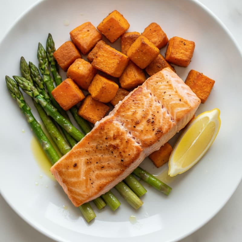 Seared Salmon Fillet with Roasted Sweet Potato and Asparagus