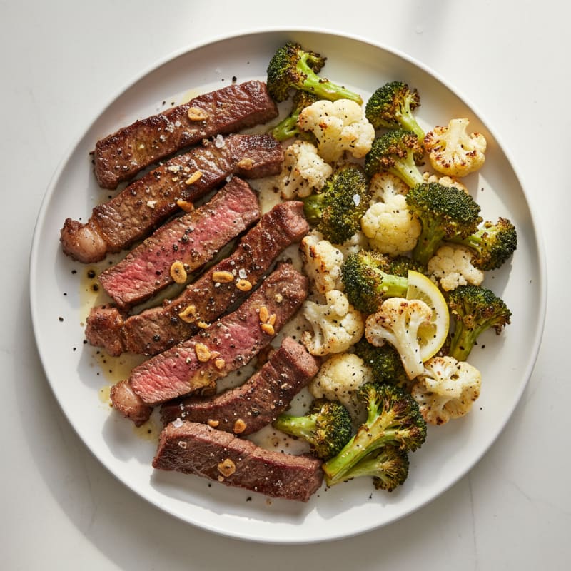 Seared Lean Beef Strips with Roasted Broccoli and Cauliflower