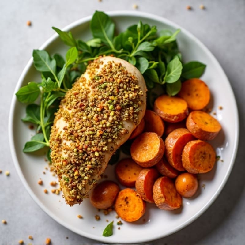 Pistachio-Crusted Chicken with Cinnamon-Spiced Roasted Sweet Potatoes
