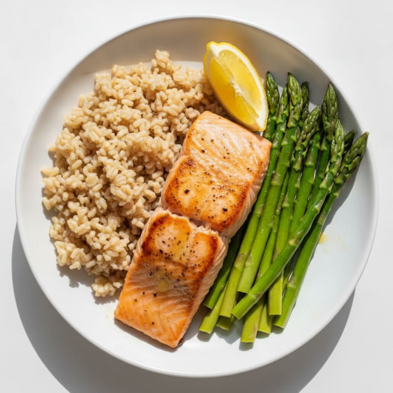 Seared Salmon with Steamed Asparagus and Brown Rice