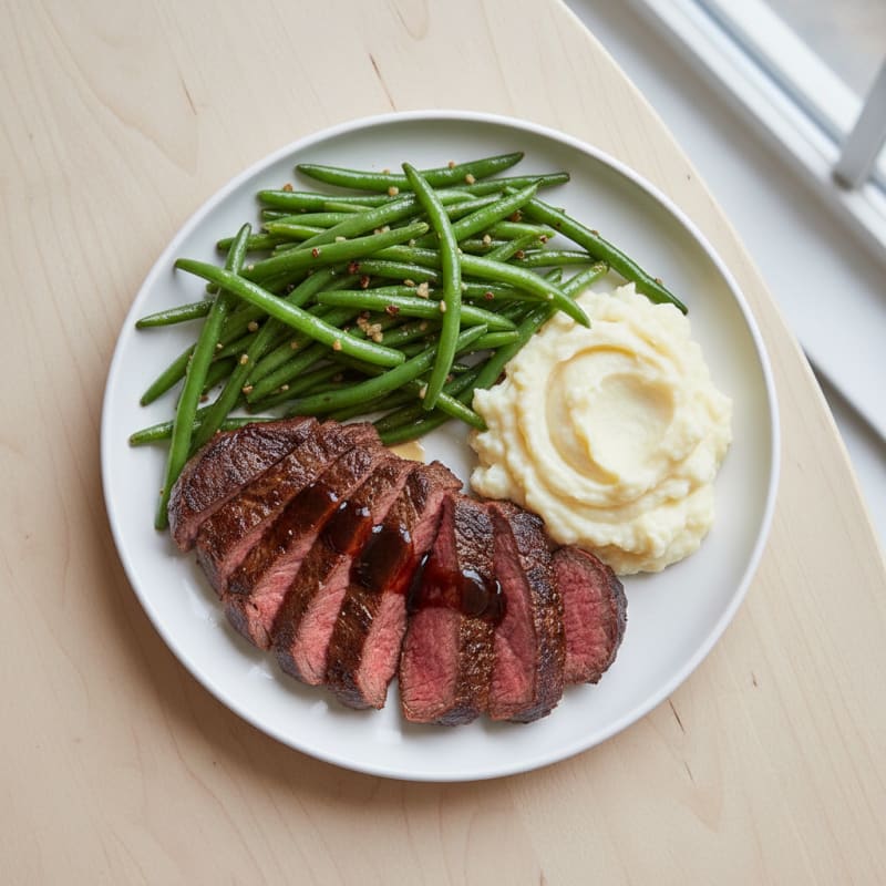 Seared Lean Beef with Garlic Green Beans and Mashed Cauliflower