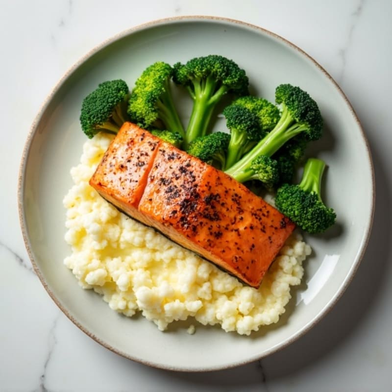 Seared Salmon with Steamed Broccoli and Garlic Cauliflower Mash
