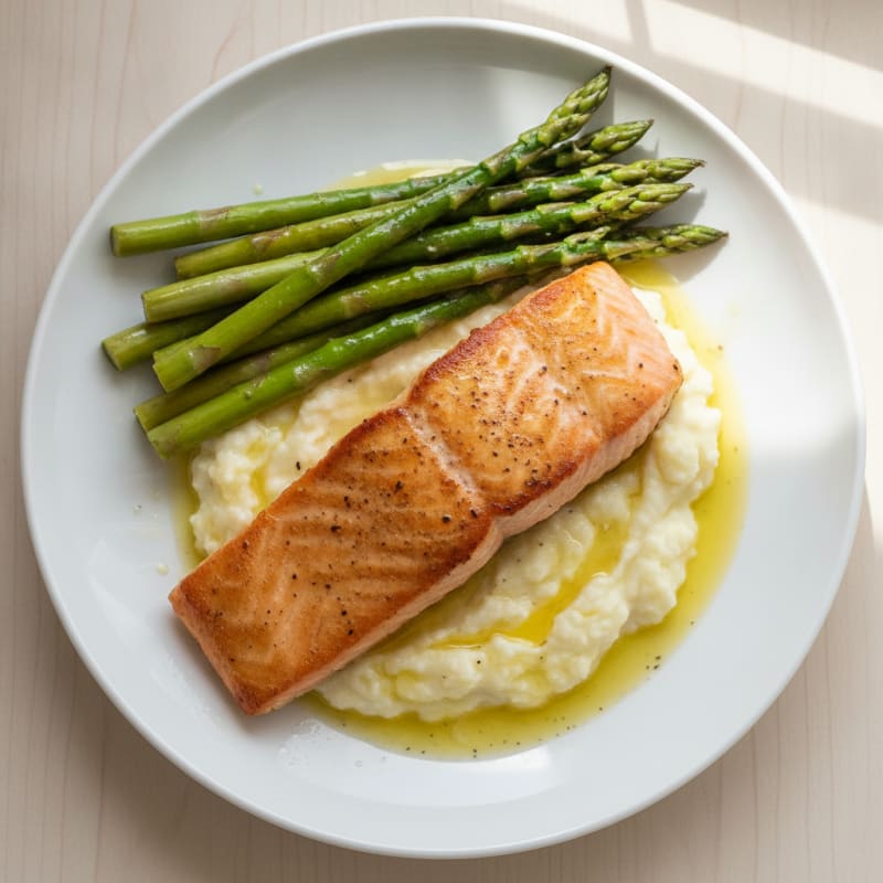Seared Salmon Fillet with Steamed Asparagus and Garlic Mashed Cauliflower