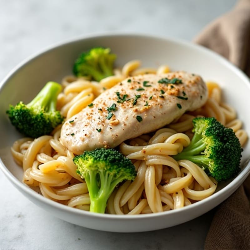 Creamy Garlic Chicken Pasta with Roasted Broccoli