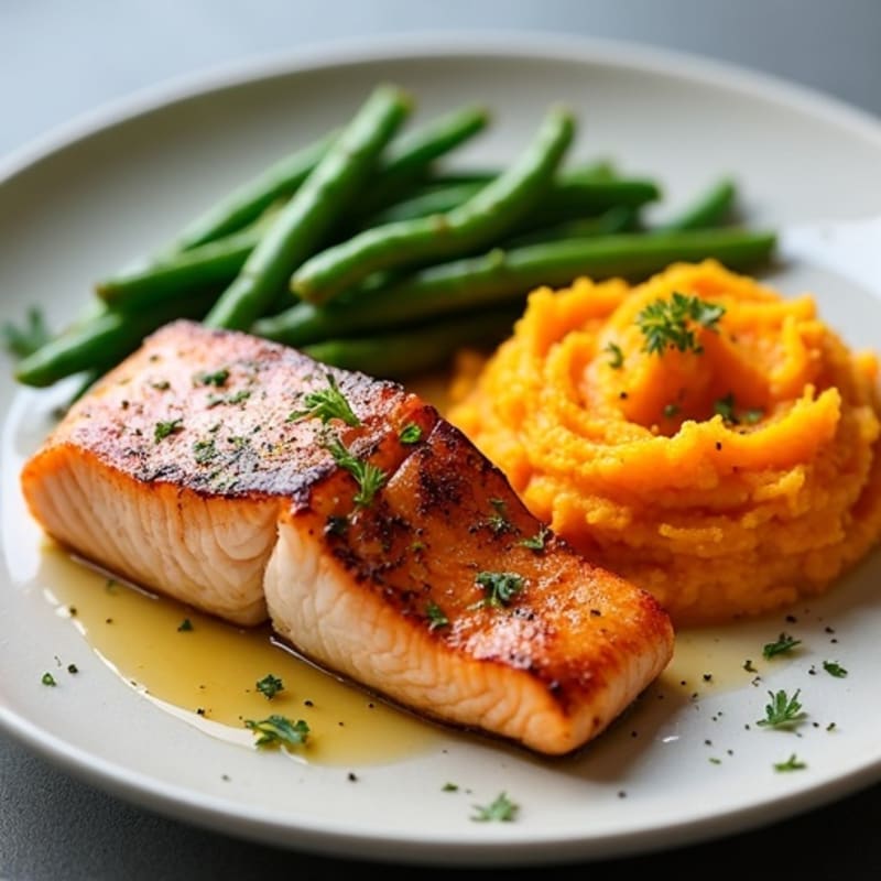 Seared Salmon with Garlic Green Beans and Sweet Potato Mash