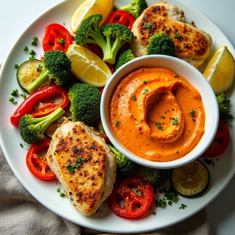 Sheet Pan Lemon Herb Chicken and Roasted Vegetables with Creamy Red Pepper Hummus