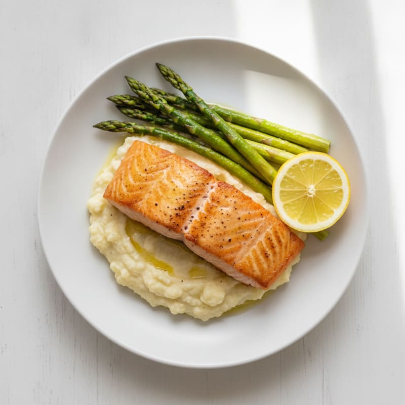 Seared Salmon with Asparagus and Garlic Mashed Cauliflower