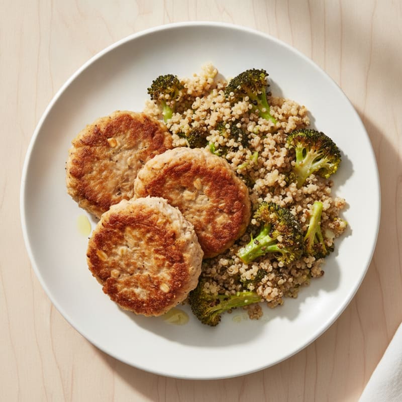 Seared Turkey Patties with Roasted Broccoli and Quinoa