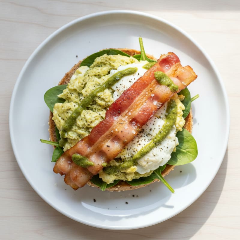 Breakfast Bagel with Pesto Eggs and Bacon