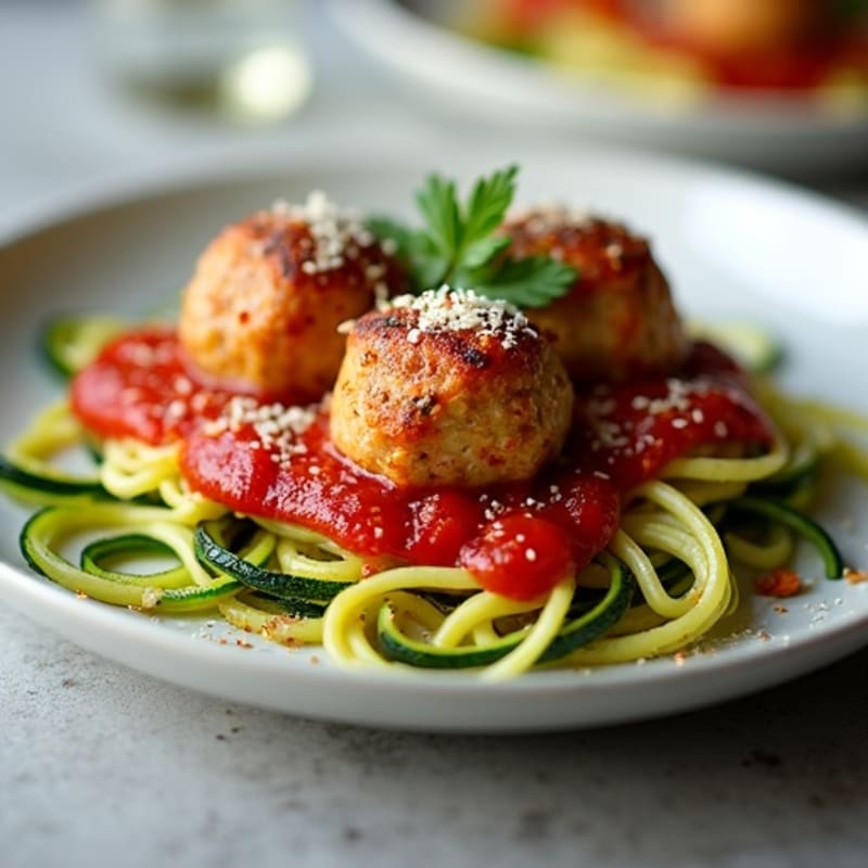 Spicy Turkey Meatballs with Zucchini Noodles in Fire-Roasted Tomato Sauce