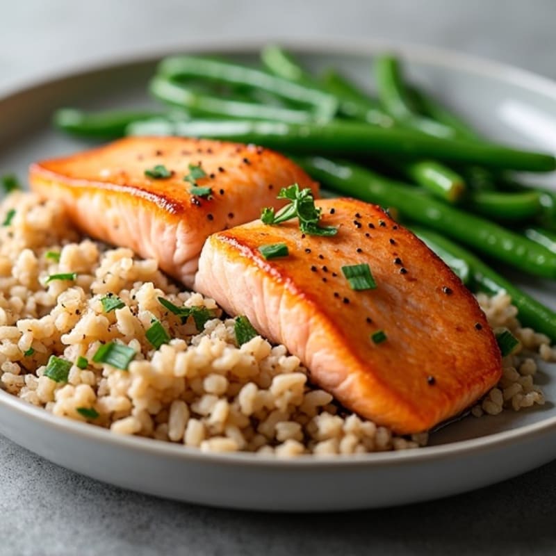 Seared Salmon with Garlic Green Beans and Brown Rice