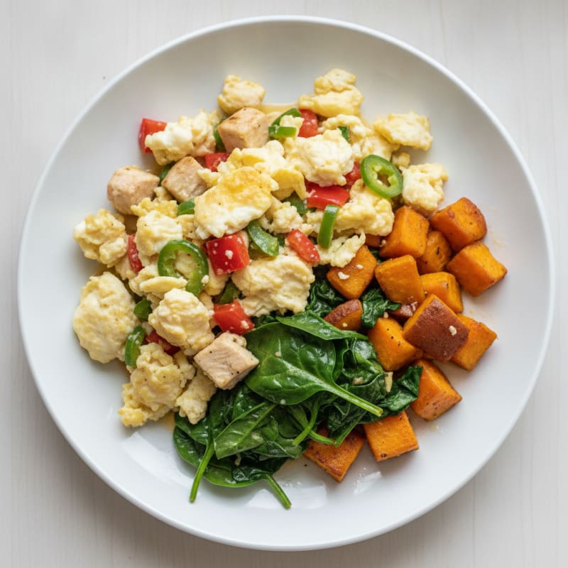 Egg White Veggie Scramble with Sautéed Spinach