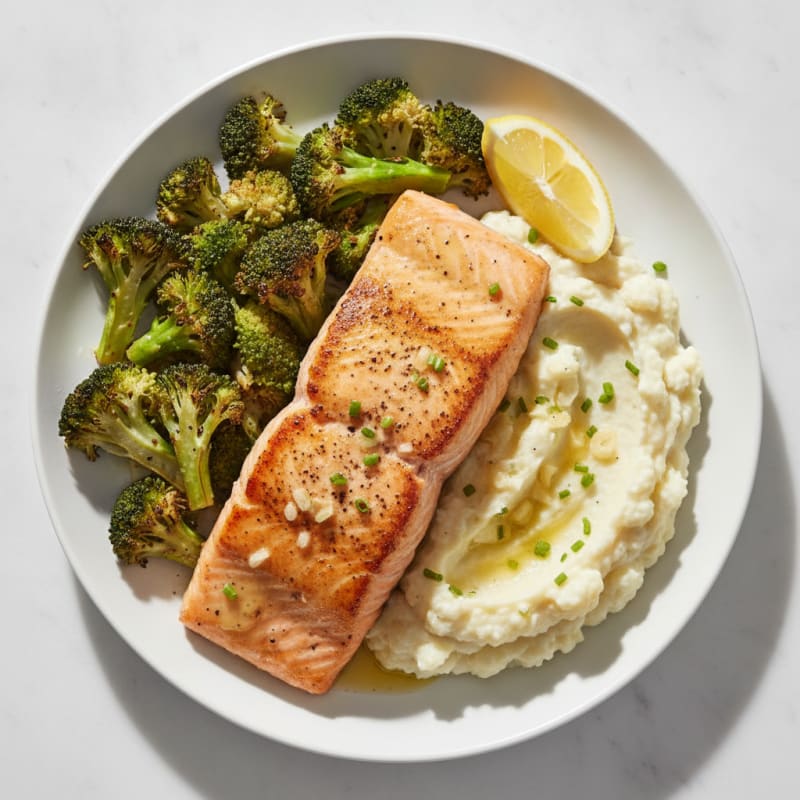 Seared Salmon with Roasted Broccoli and Garlic Mashed Cauliflower
