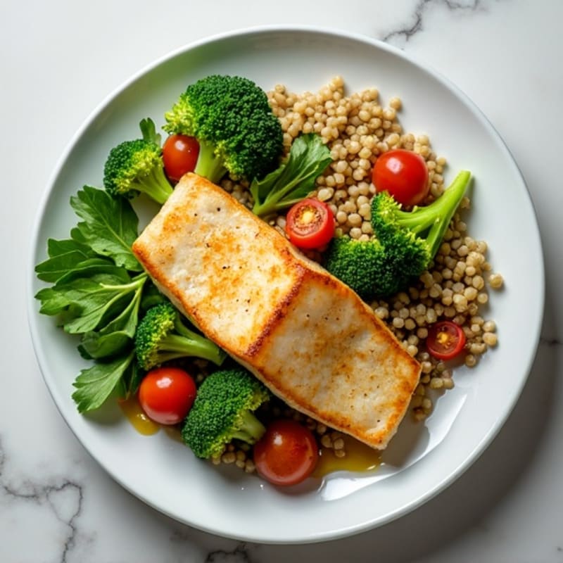 Seared Cod with Steamed Broccoli, Quinoa, and Fresh Garden Salad