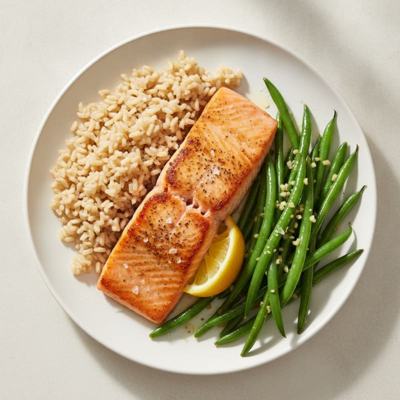 Seared Salmon with Garlic Green Beans and Brown Rice