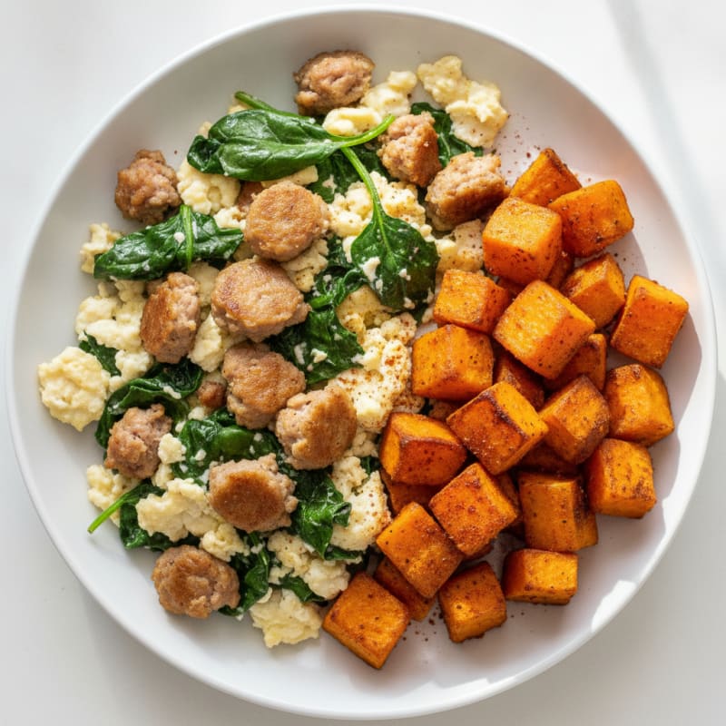 Egg White and Turkey Sausage Scramble with Sautéed Spinach and Sweet Potato