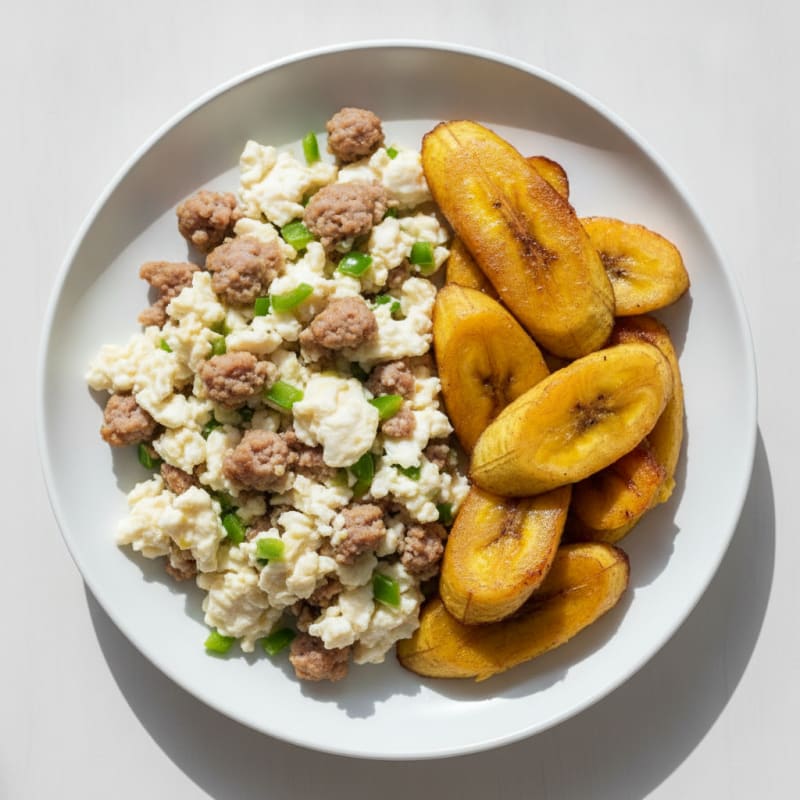 Scrambled Egg Whites with Spiced Turkey Sausage and Roasted Plantains