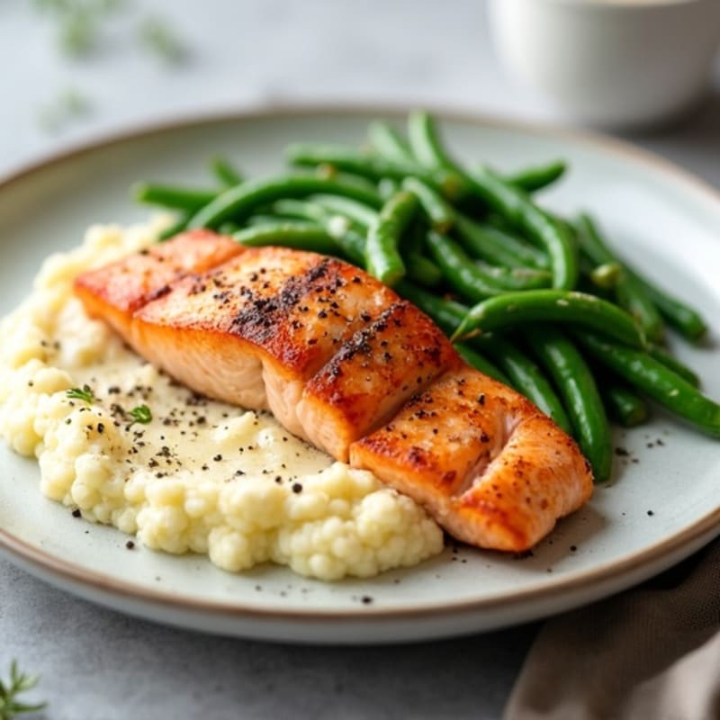 Seared Salmon with Steamed Green Beans and Cauliflower Mash