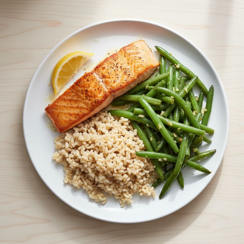 Seared Salmon with Garlic Green Beans and Brown Rice
