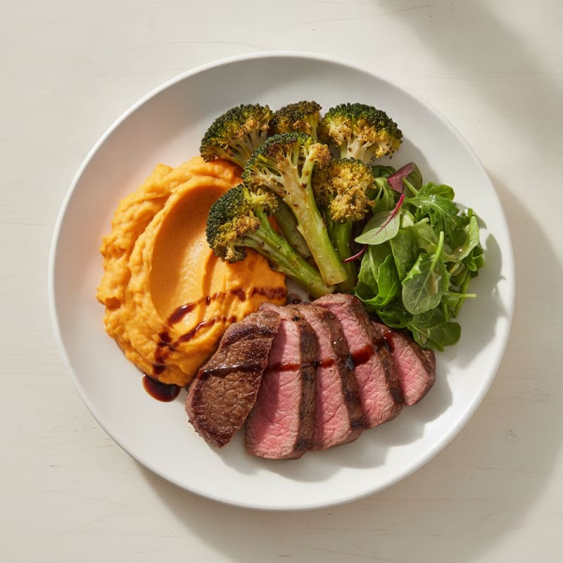 Seared Lean Beef with Roasted Broccoli and Sweet Potato Mash
