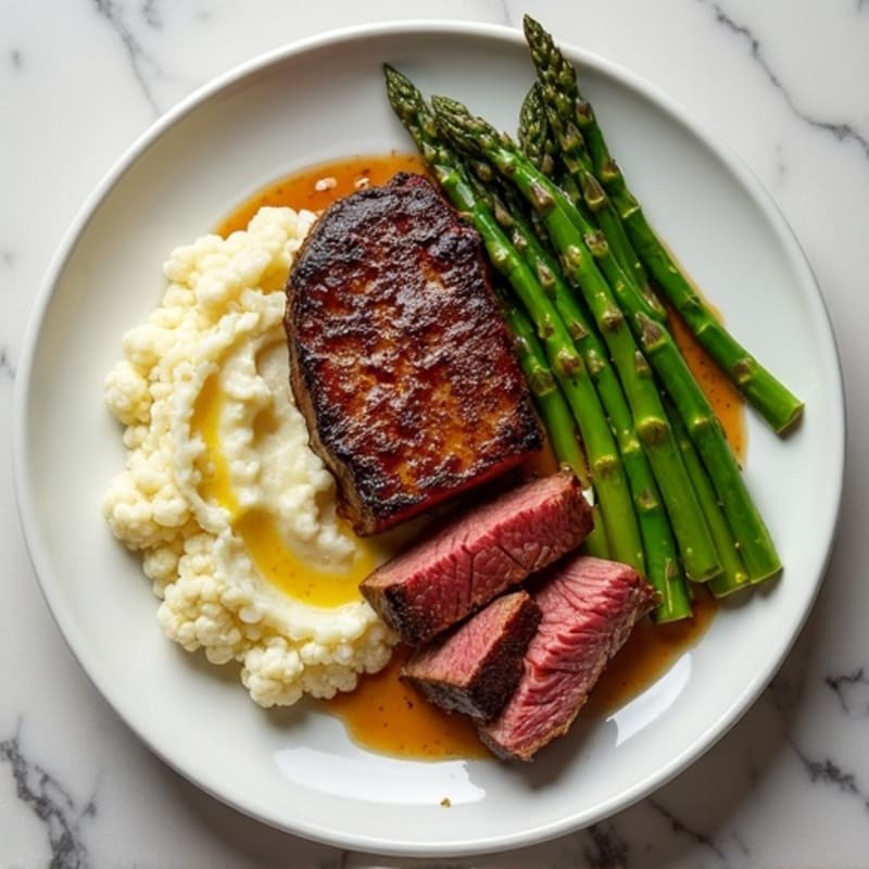 Seared Lean Beef Steak with Roasted Asparagus and Garlic Mashed Cauliflower
