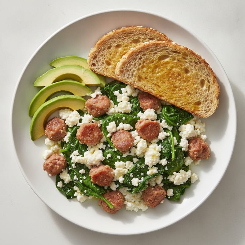 Egg White and Turkey Sausage Scramble with Cottage Cheese and Spinach