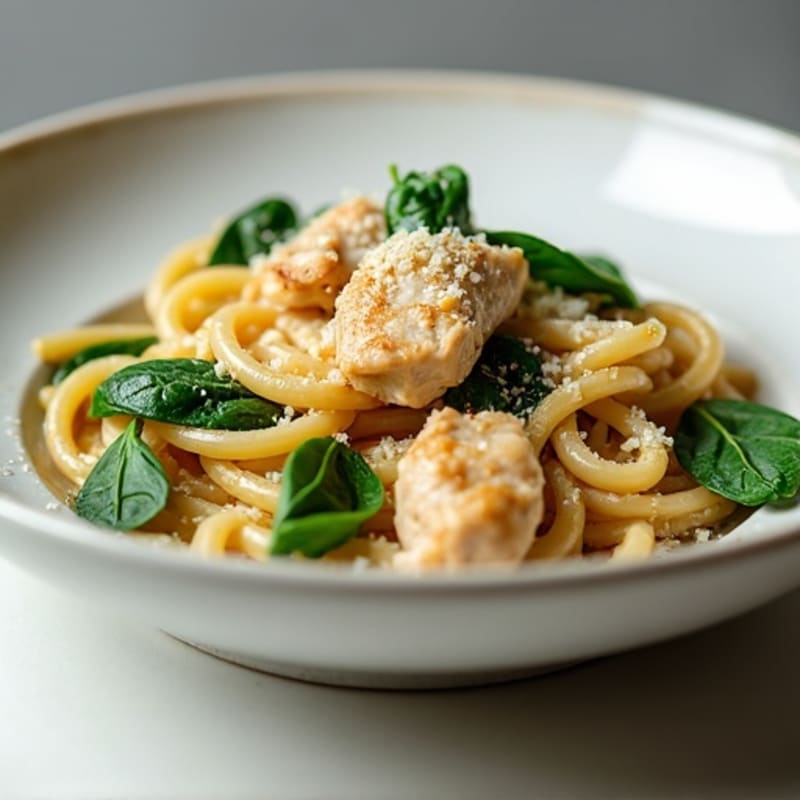 Silky Garlic Chicken Pasta with Fresh Spinach and Whole Wheat Fettuccine