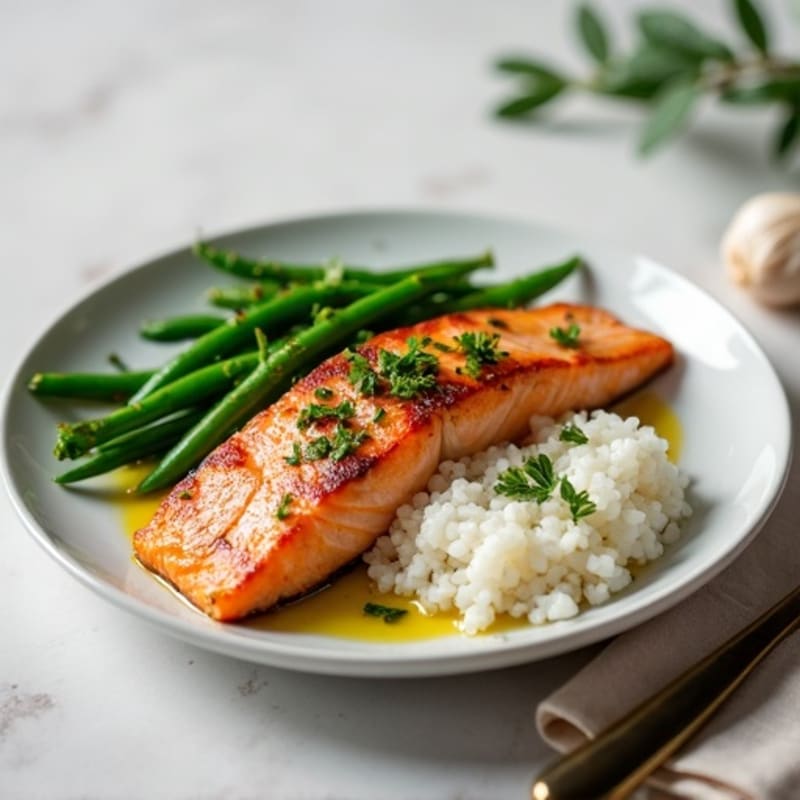 Seared Salmon Filet with Garlic Green Beans and Steamed Rice