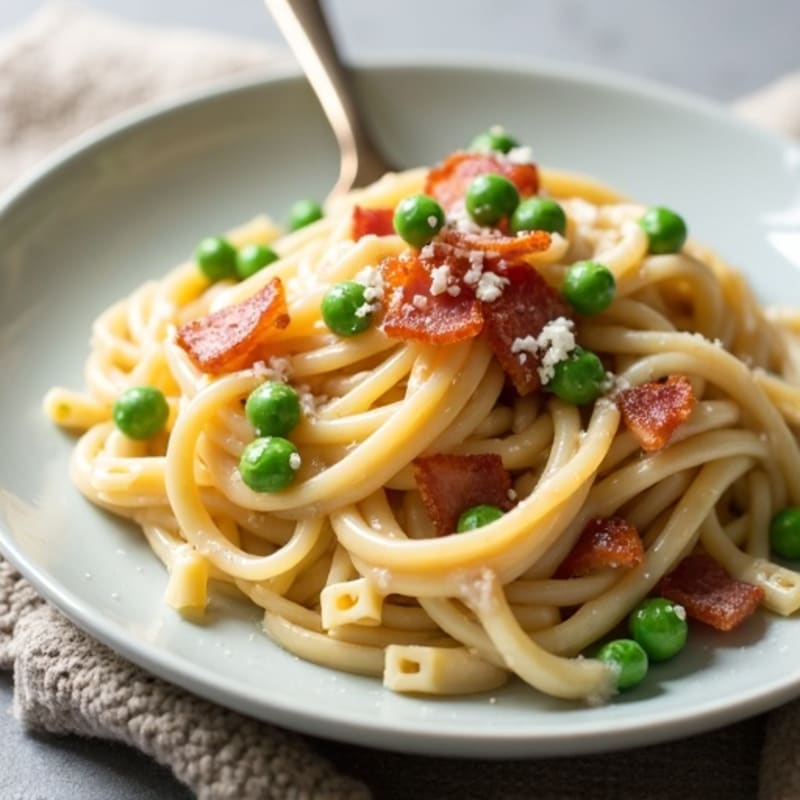 Healthy Creamy Pasta Carbonara with Peas and Crispy Lean Bacon