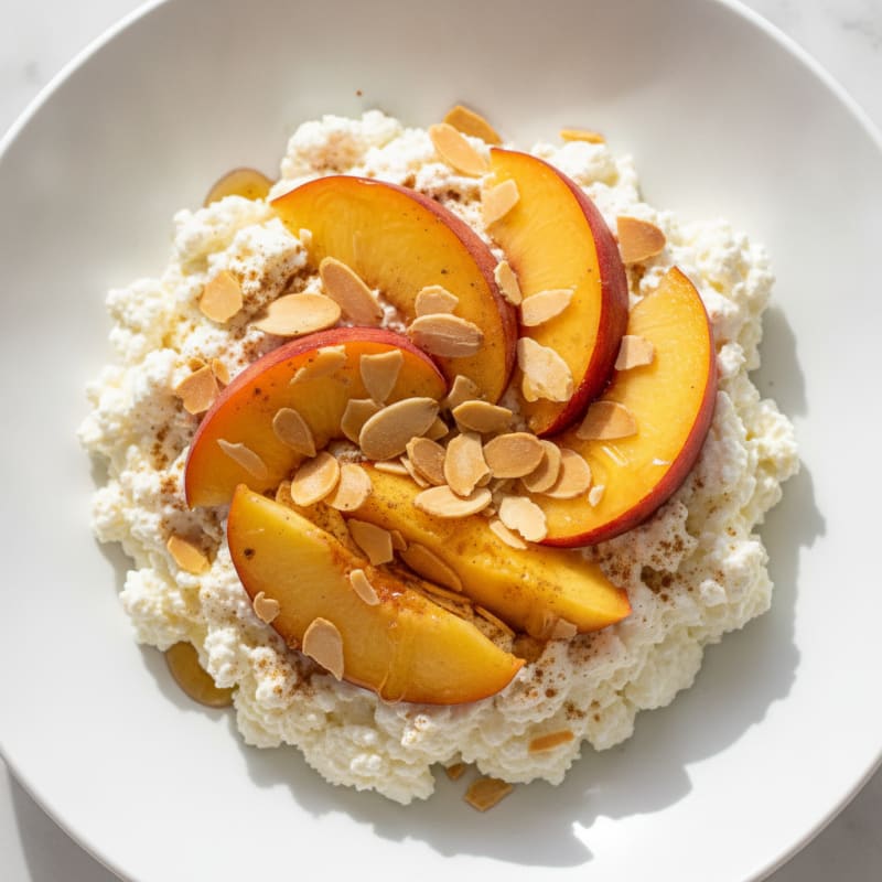 Creamy Cottage Cheese Protein Bowl with Sliced Peaches and Almonds