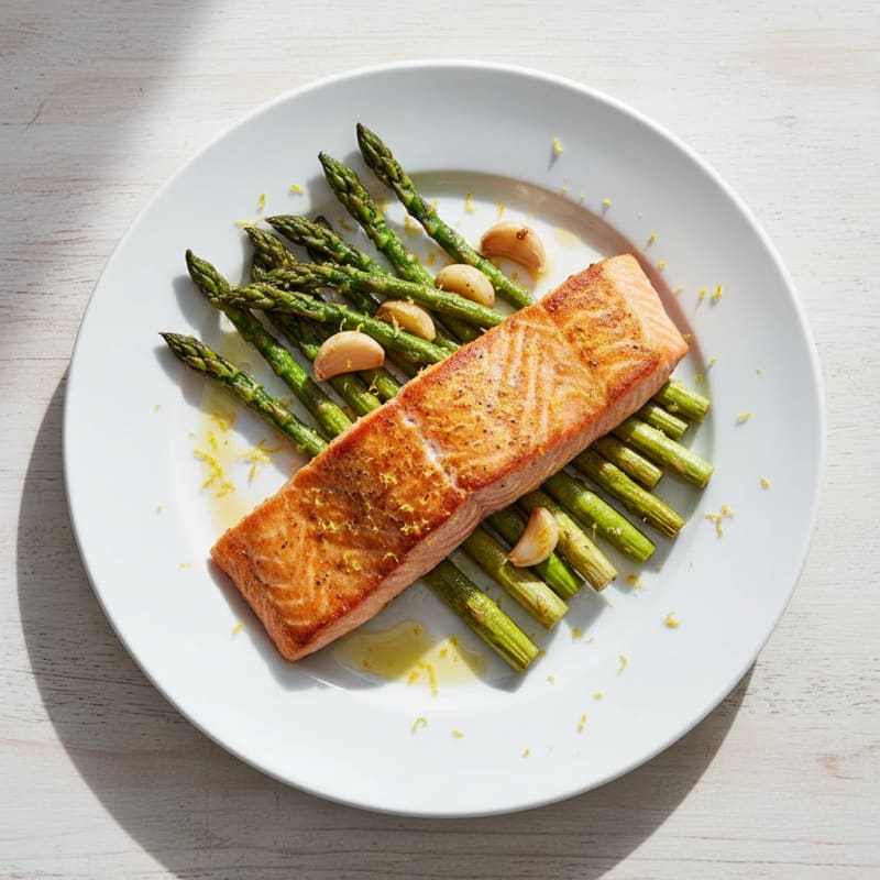 Seared Salmon Fillet with Roasted Asparagus and Lemon Zest