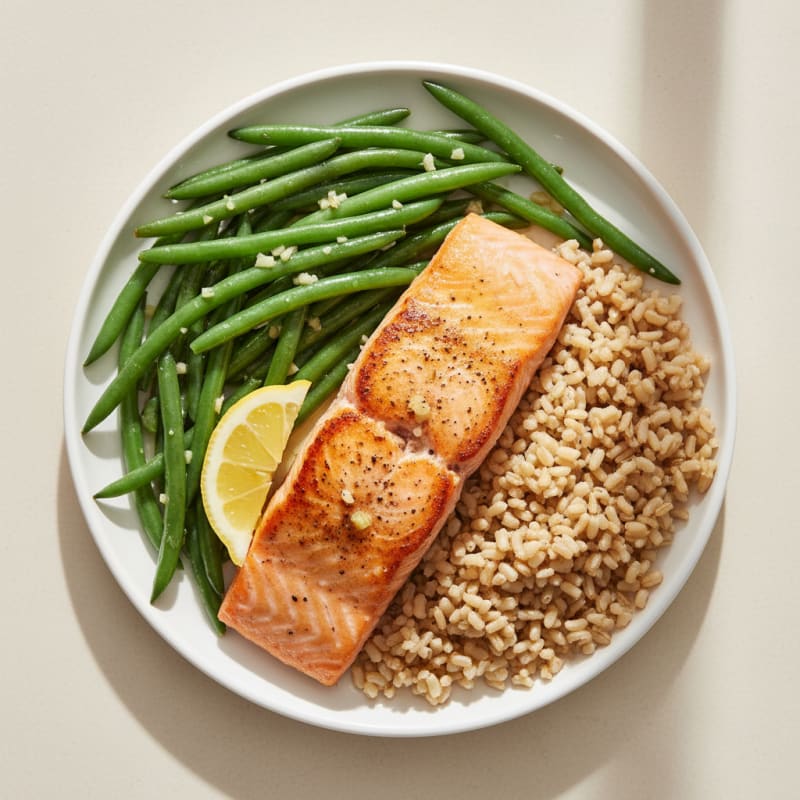 Seared Salmon with Garlic Green Beans and Brown Rice