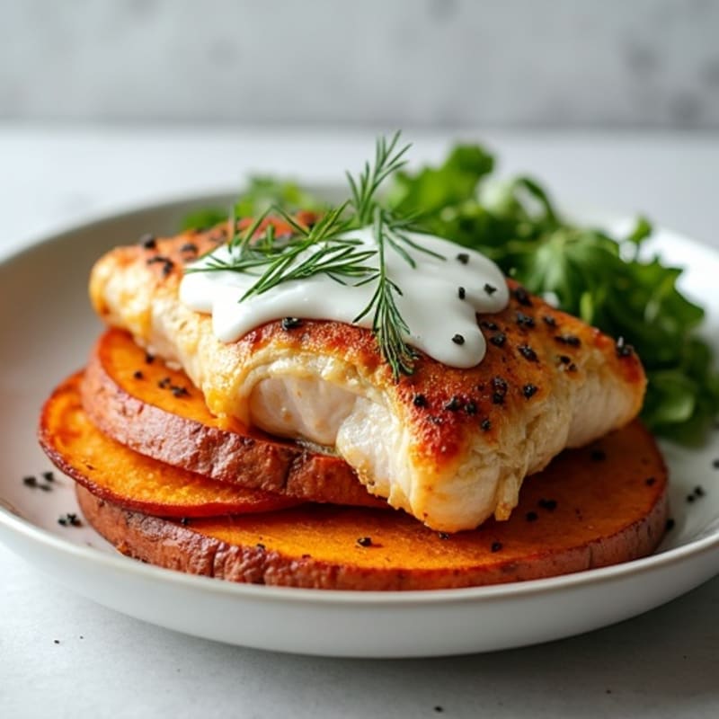 Herb-Roasted Chicken with Crispy Sweet Potato Stacks and Creamy Dill Yogurt