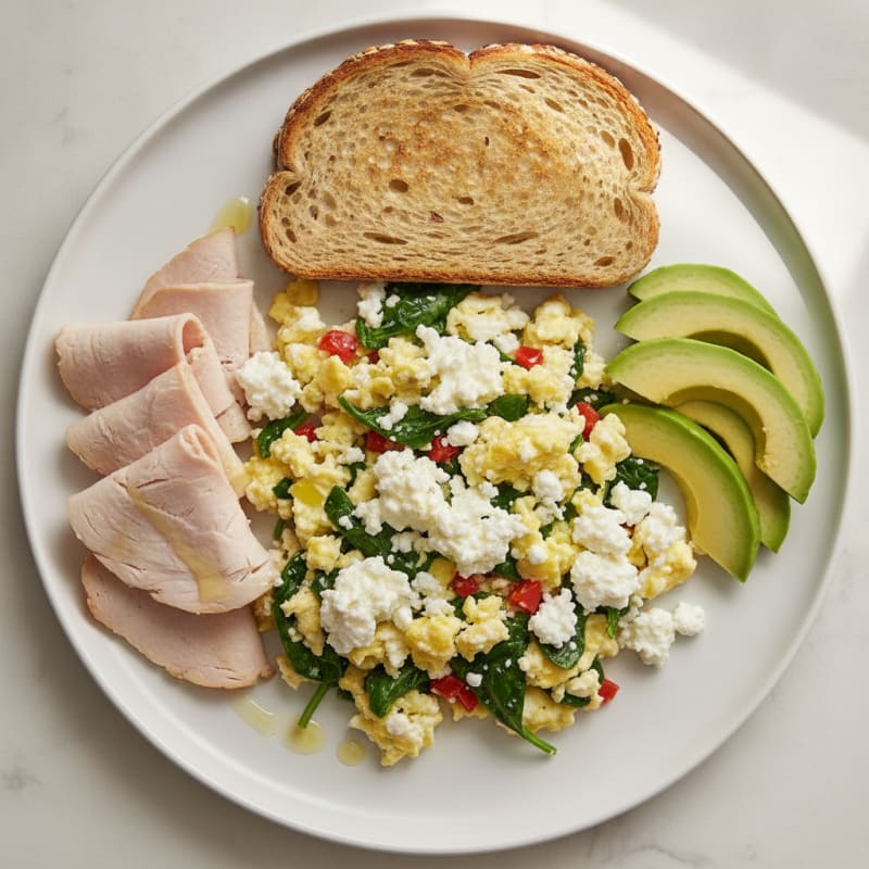 Egg White Veggie Scramble with Cottage Cheese and Sliced Turkey Breast