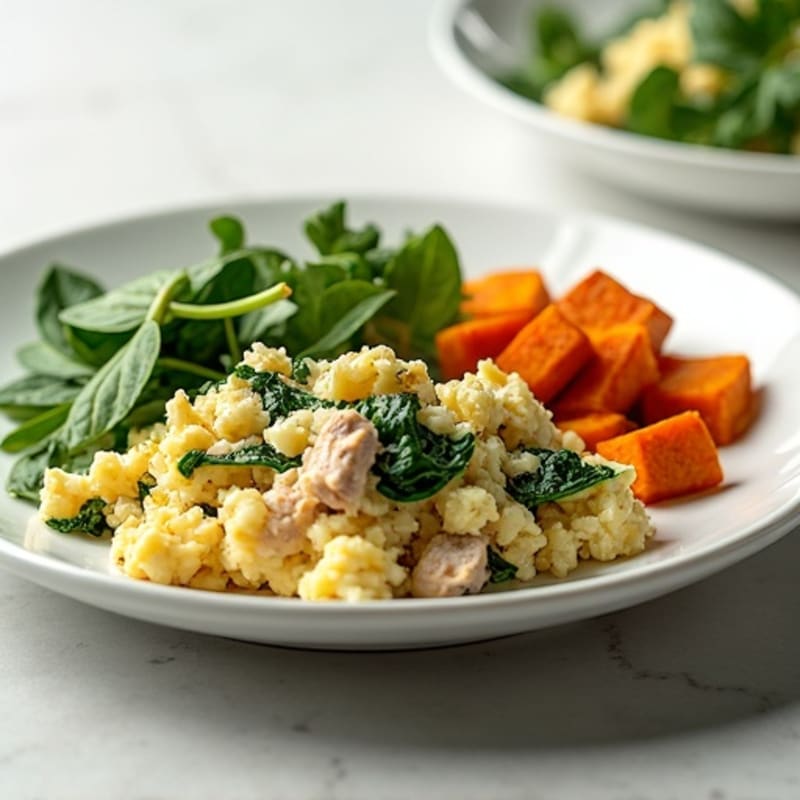 Egg White and Turkey Spinach Scramble with Roasted Sweet Potatoes
