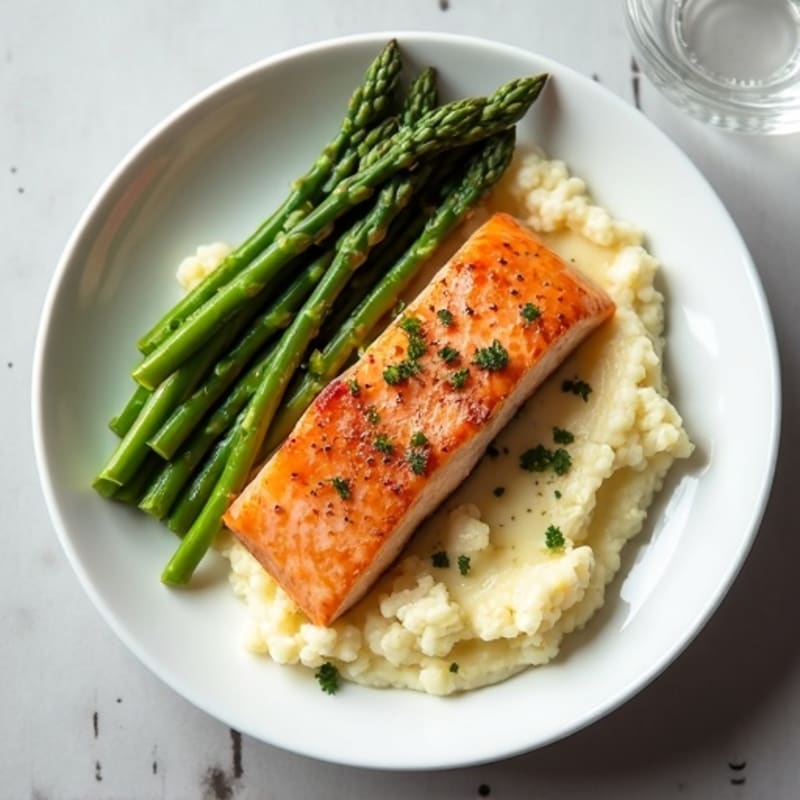 Seared Salmon with Steamed Asparagus and Cauliflower Mash