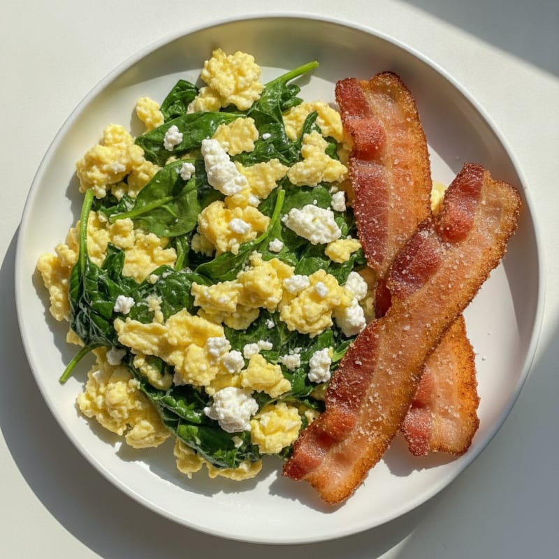 Cottage Cheese Egg Scramble with Spinach and Turkey Bacon