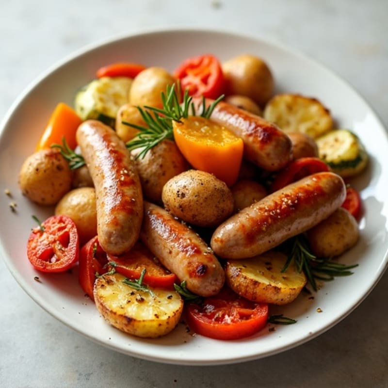 Lean Sausage and Crispy Potato Bake with Roasted Vegetables