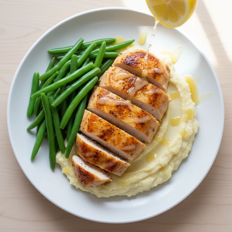 Seared Chicken Breast with Steamed Green Beans and Cauliflower Mash