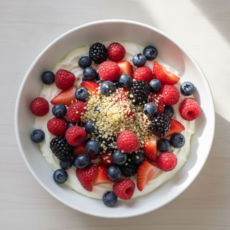 Vanilla Greek Yogurt Bowl with Mixed Berries and Whey Protein