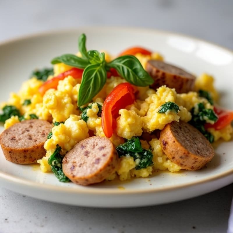 Fluffy Egg and Veggie Scramble with Lean Turkey Sausage