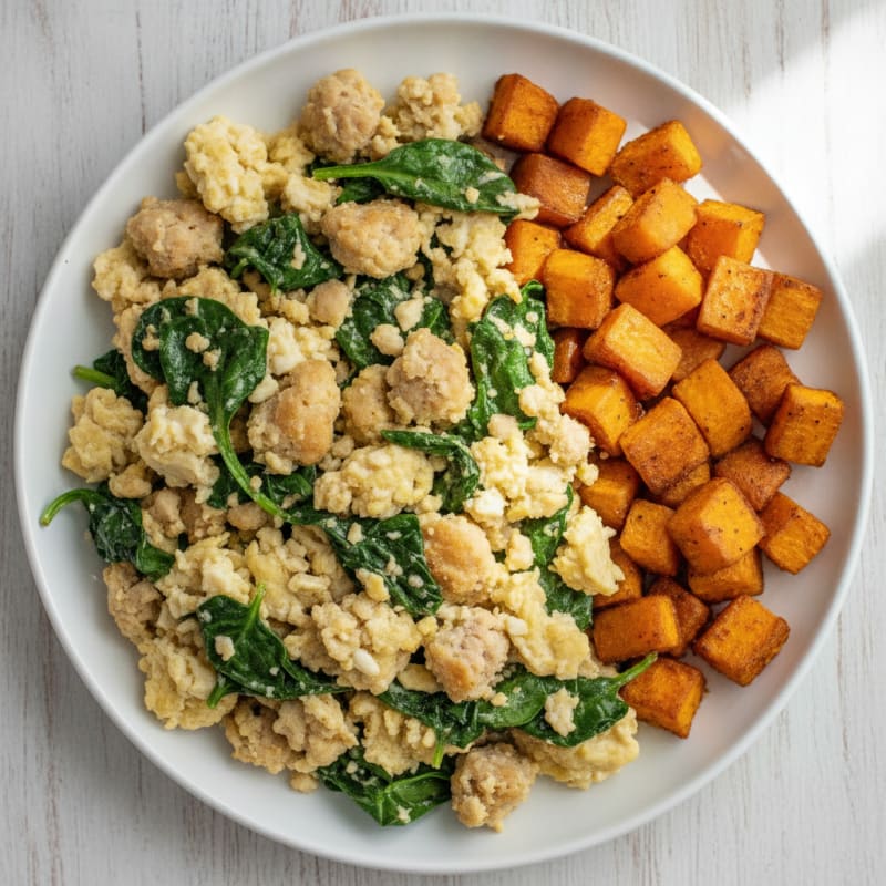 Egg White and Turkey Sausage Scramble with Spinach and Roasted Sweet Potatoes