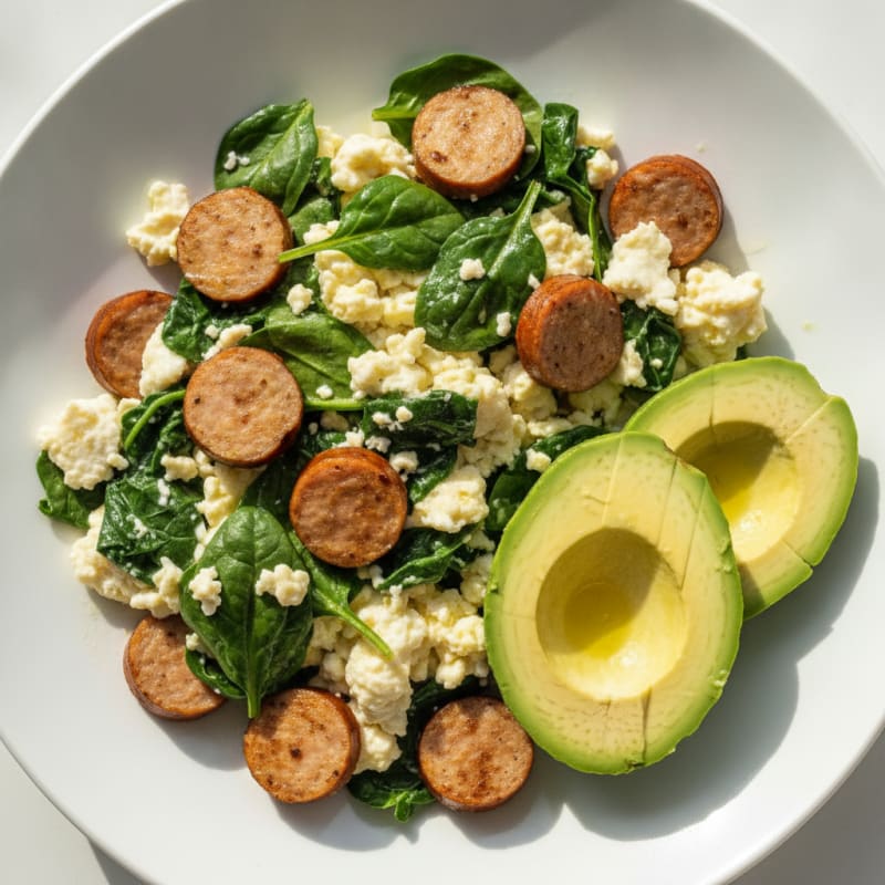 Egg White Scramble with Turkey Sausage and Sautéed Spinach