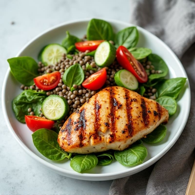 Grilled Chicken Breast with Lentil and Spinach Salad