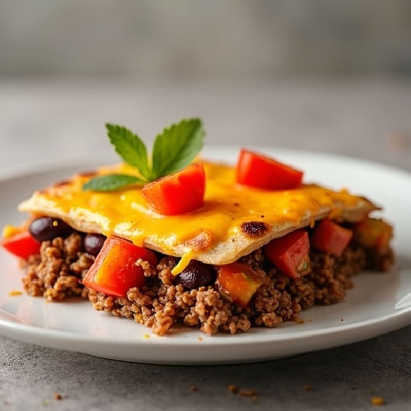 Hearty Cheesy Lean Ground Beef and Black Bean Tortilla Bake