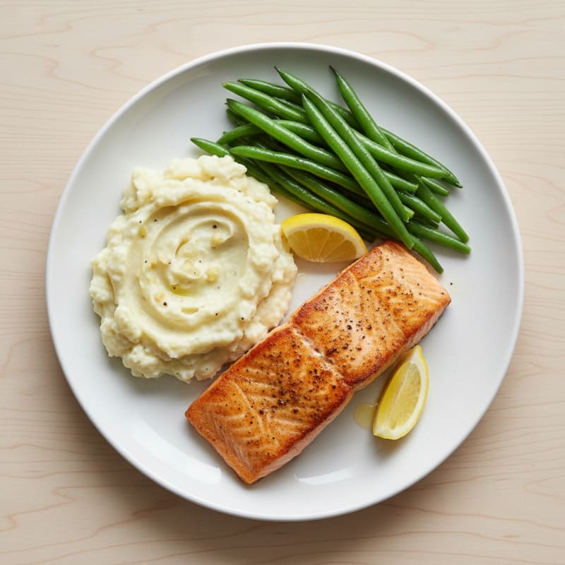 Seared Salmon with Steamed Green Beans and Garlic Mashed Cauliflower