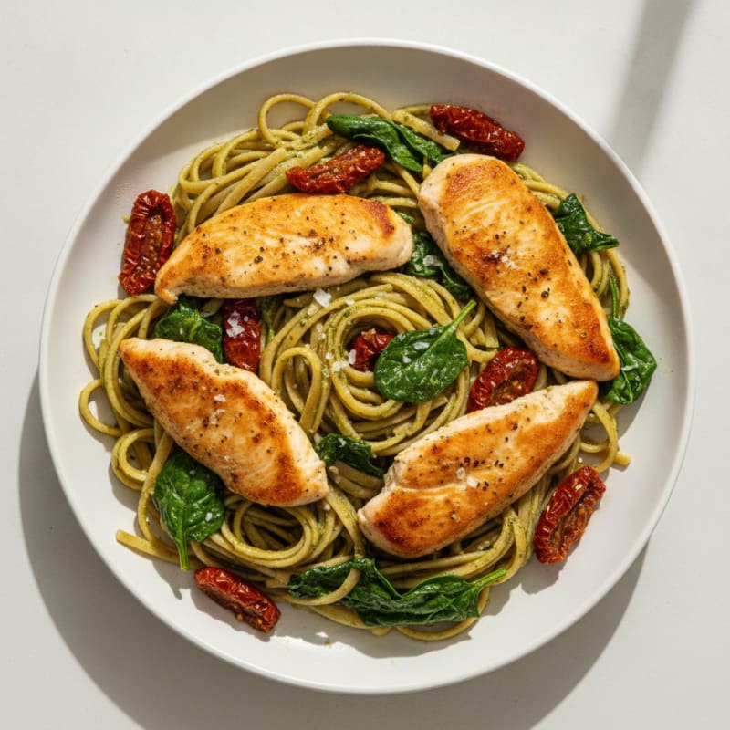 Pesto Chicken Linguine with Sun-Dried Tomatoes