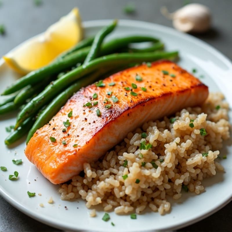 Seared Salmon Fillet with Garlic Green Beans and Brown Rice